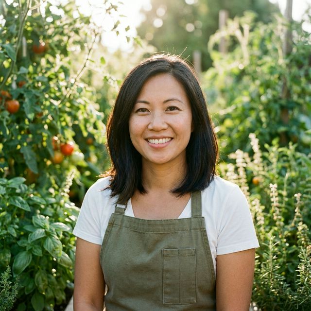 Sarah Chen in her garden